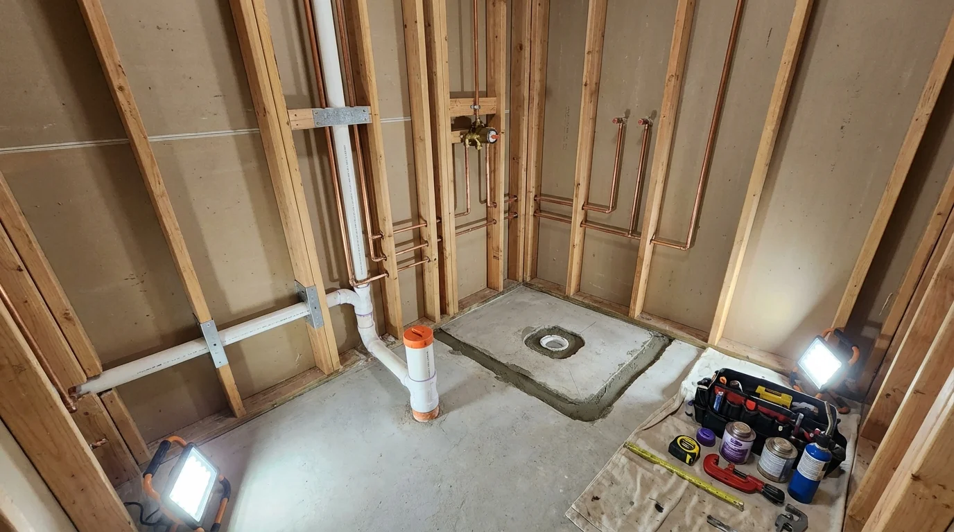 Bathroom rough-in plumbing during remodel by Johns Plumbing LLC in Omaha