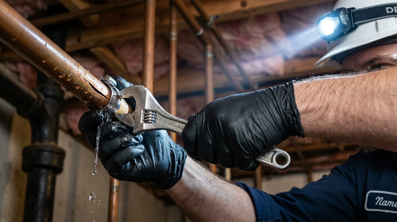 Emergency pipe clamp repair being performed by a Johns Plumbing LLC plumber in Omaha