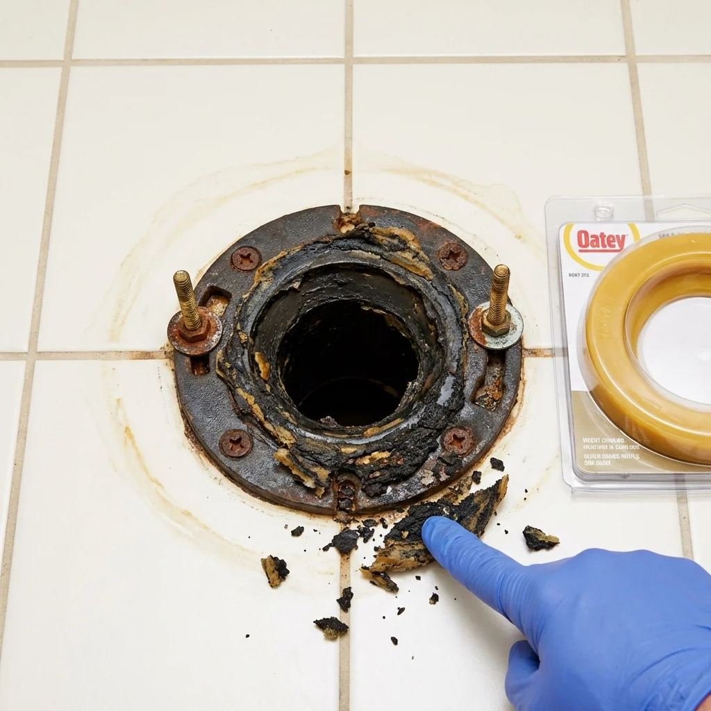 Failed wax ring showing water seepage at the base of a toilet in a Omaha, NE home
