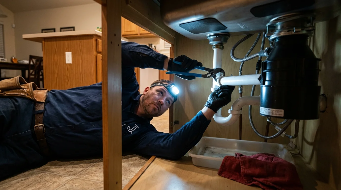 P-trap and supply line connections under a kitchen sink showing a common leak point in Omaha, NE
